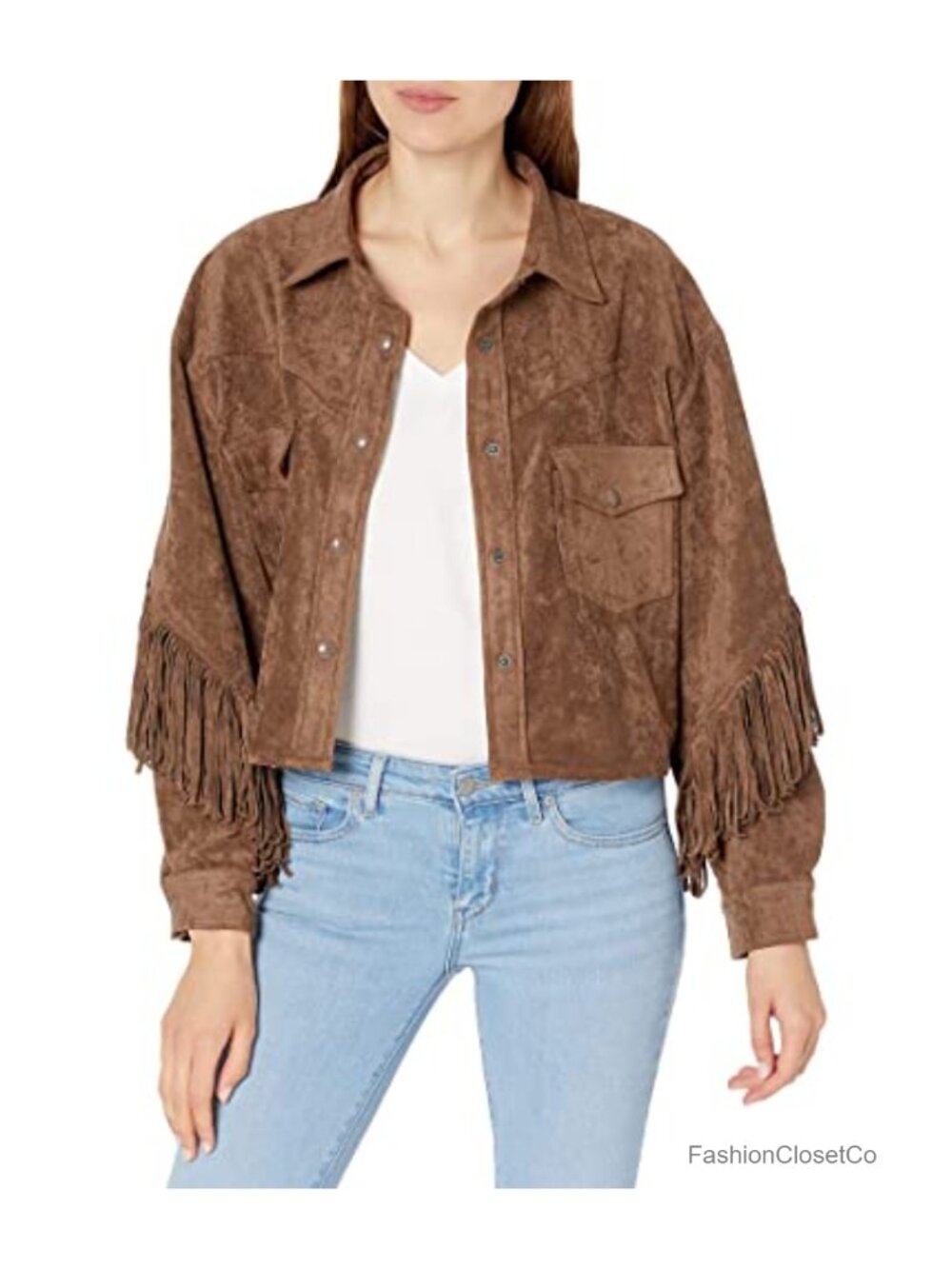 Faux Suede Fringe Jacket Snap Front Aviator Snap Cuffs Collared